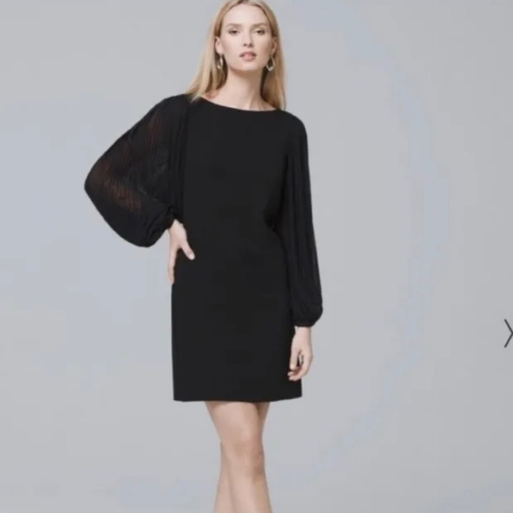 White House Black Market Boat Neck Pleated Long Sleeve Mini Shift Dress Sz 4